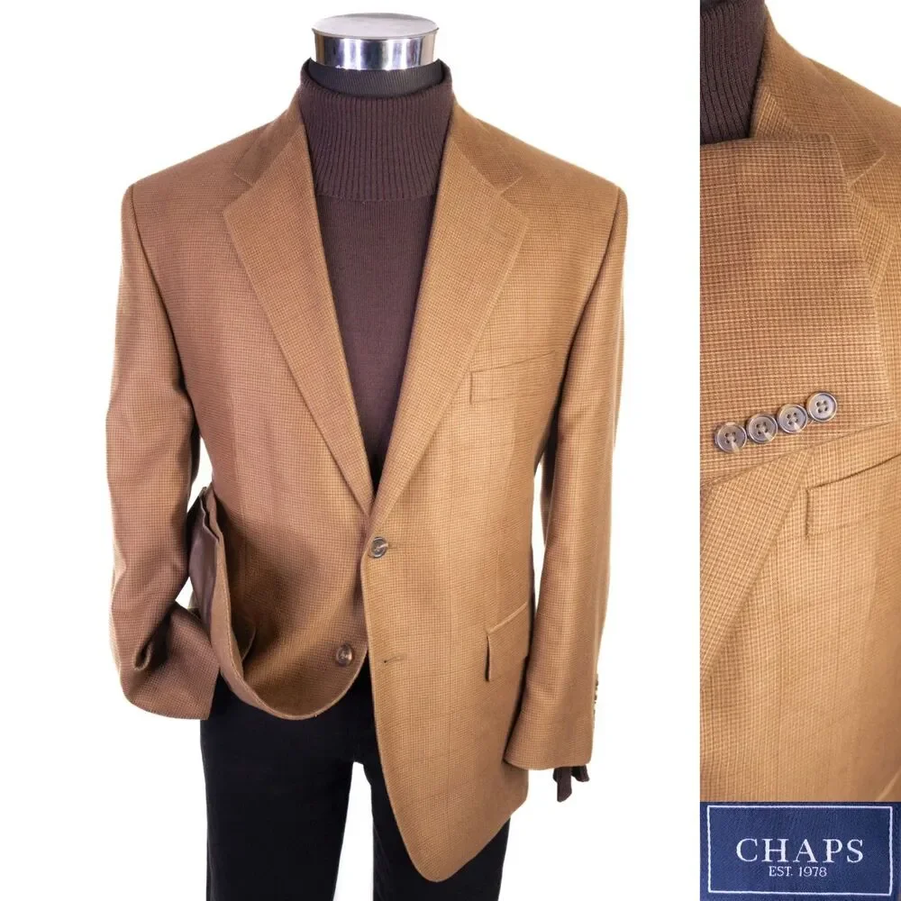 Chaps Blazer Sport Coat Sz 40S Camel Beige Tan Poly Blend Two Button Jacket